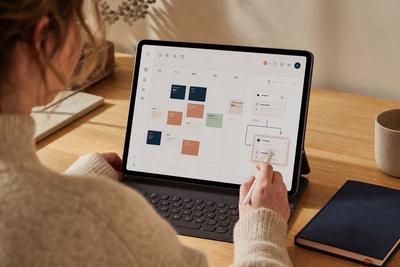Iemand ordent de stappen van een proces op een tablet