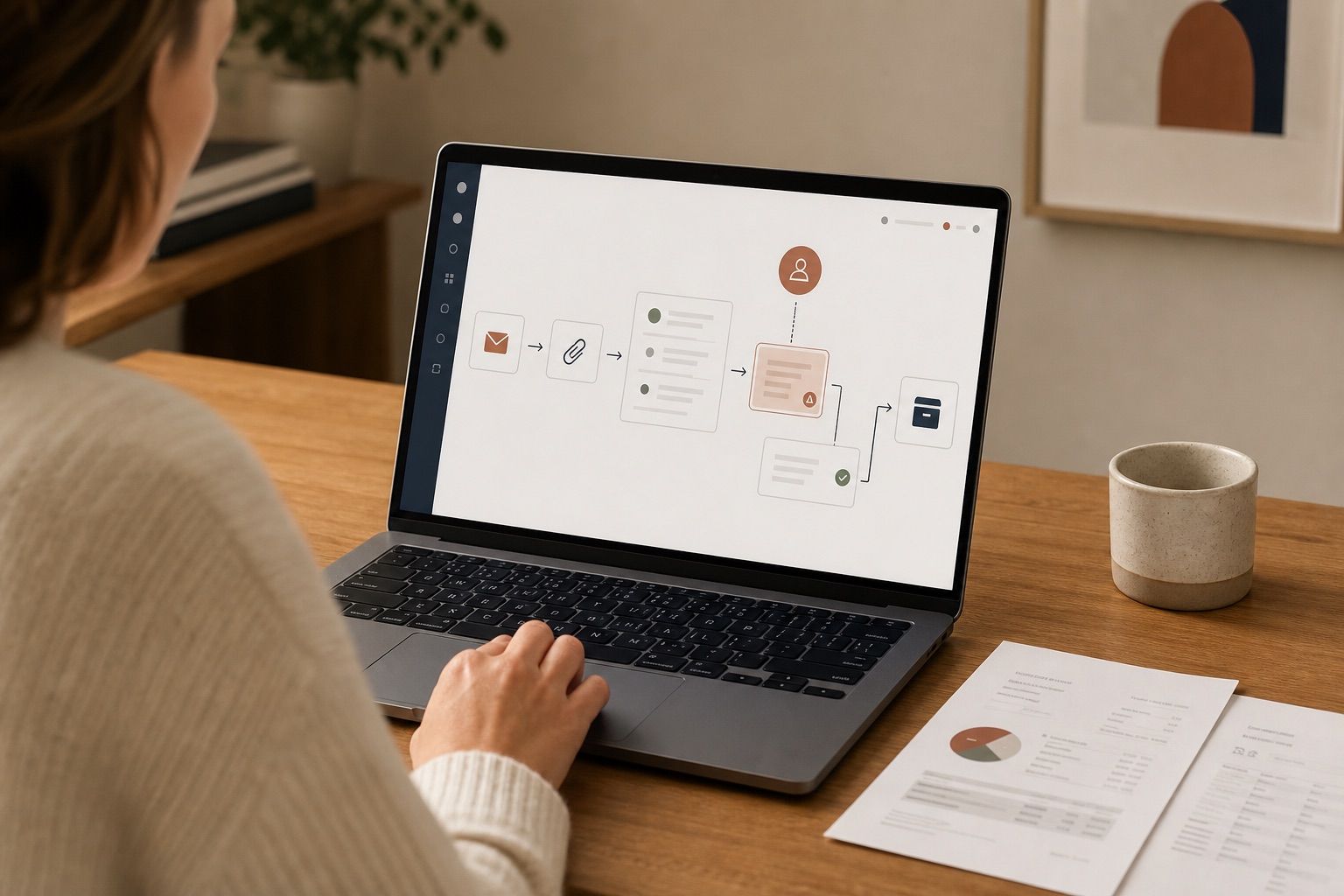 Een workflow in de editor, waarin binnenkomende post automatisch wordt verwerkt