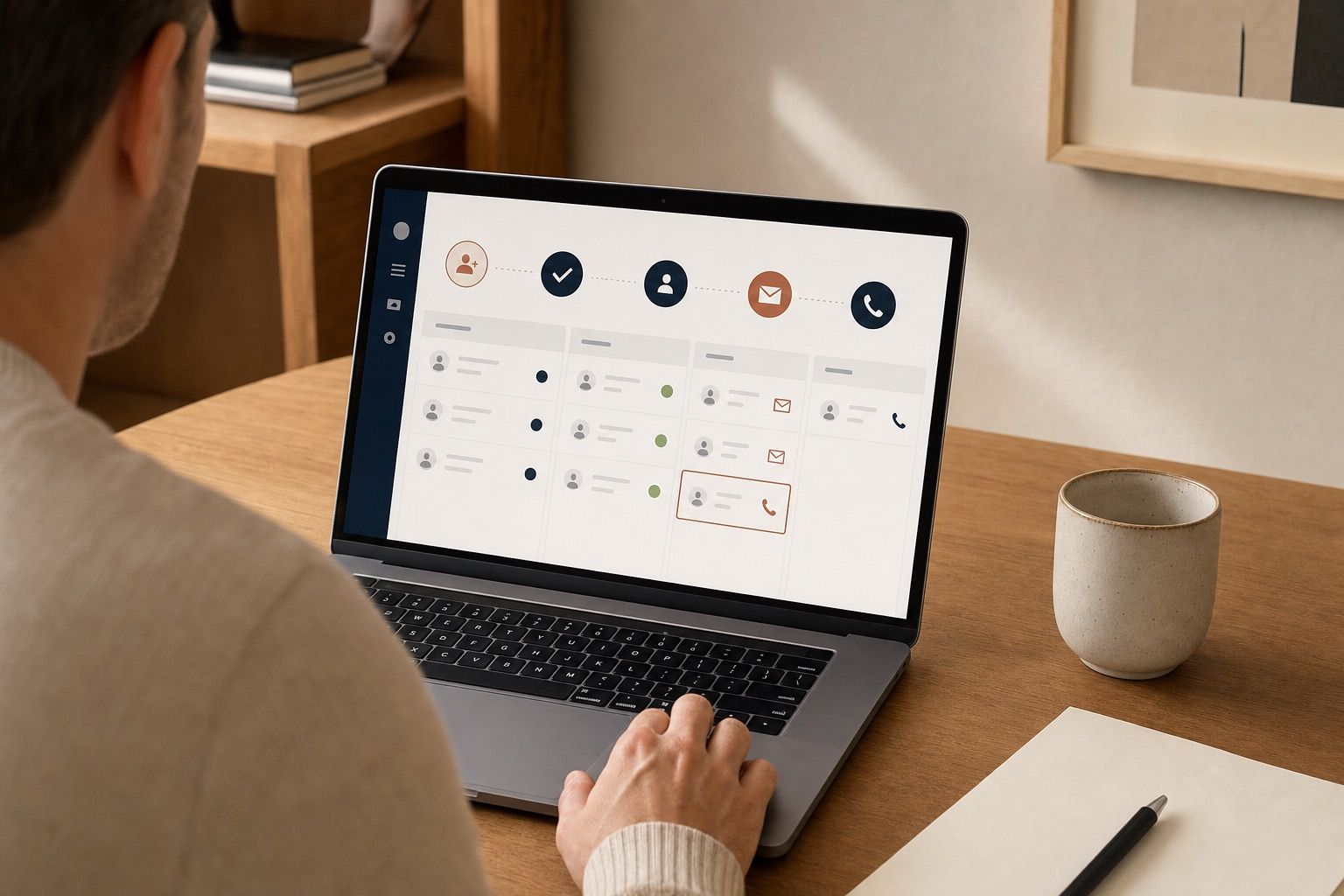 Een laptop met per contact een reeks stappen: controle, e-mail en een telefoontje.