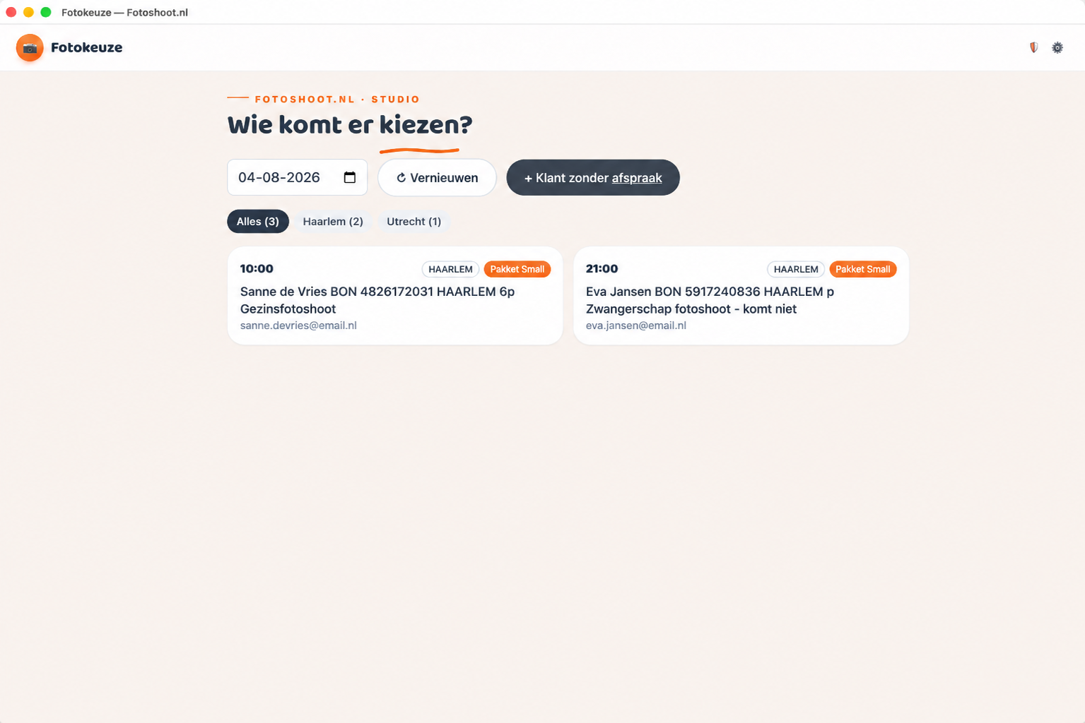 Beheerscherm met afspraken per tijd, locatie en geboekt pakket.