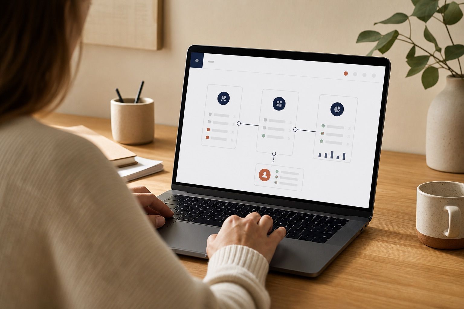 Een medewerker werkt op een laptop waarop drie systemen in één gecontroleerde stroom met elkaar zijn verbonden