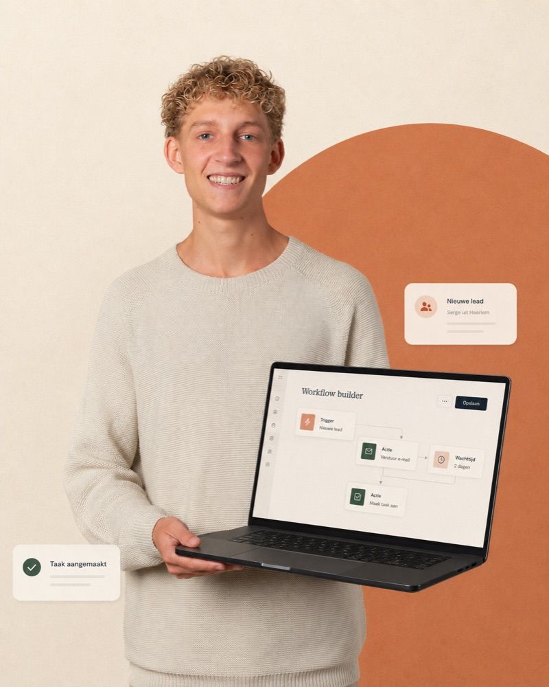 Een proces in aanbouw: een binnengekomen lead loopt langs een e-mail en een wachttijd naar een aangemaakte taak